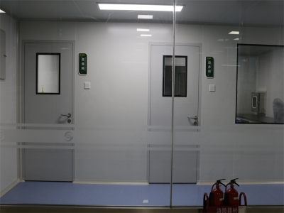 實驗室玻璃隔斷透視走廊、微生物室、pvc塑膠地面、抗菌燈、純手工彩鋼板制作、鋼化玻璃透視窗